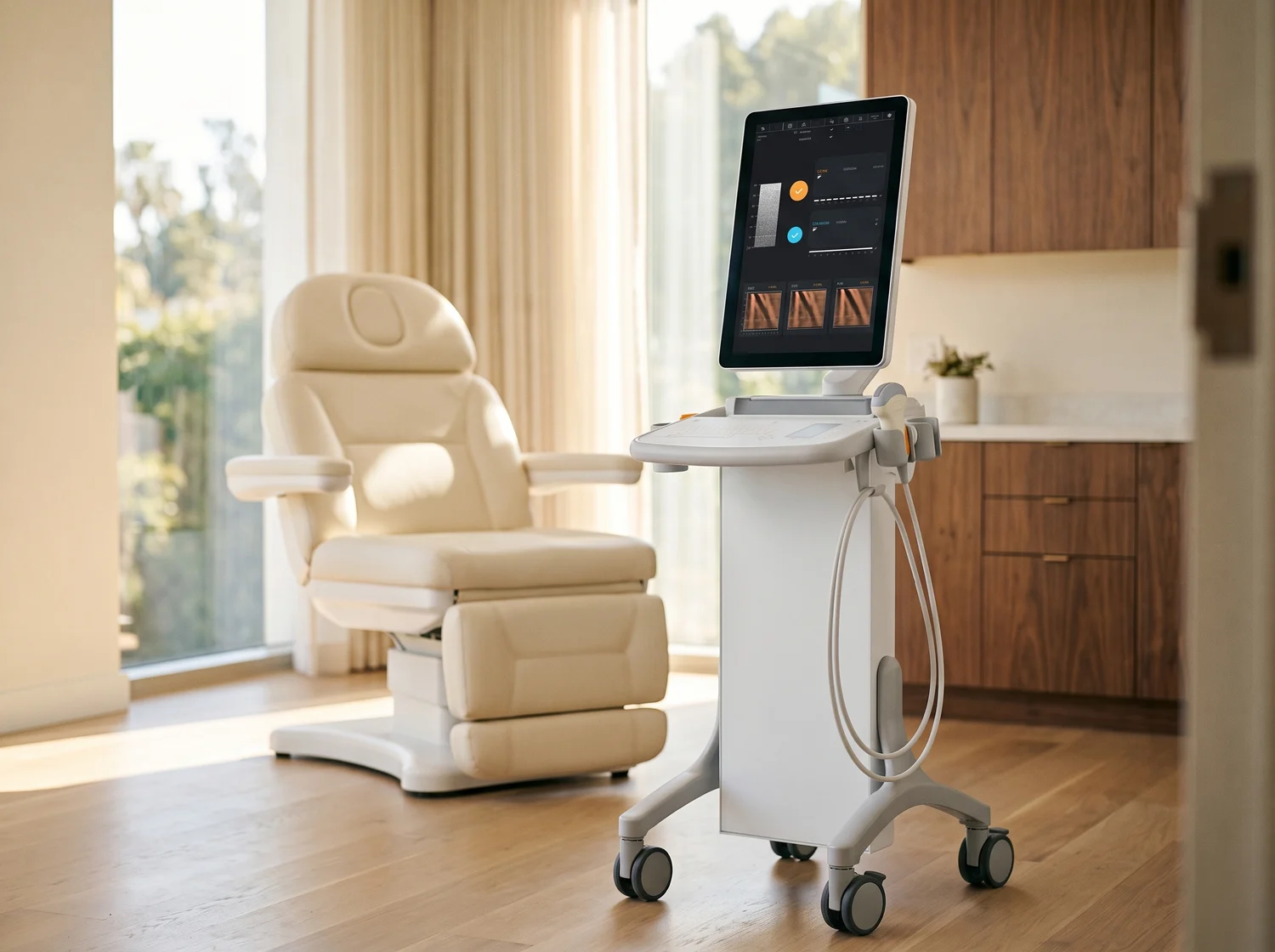 FibroScan liver elastography system beside an exam chair in a bright private exam room