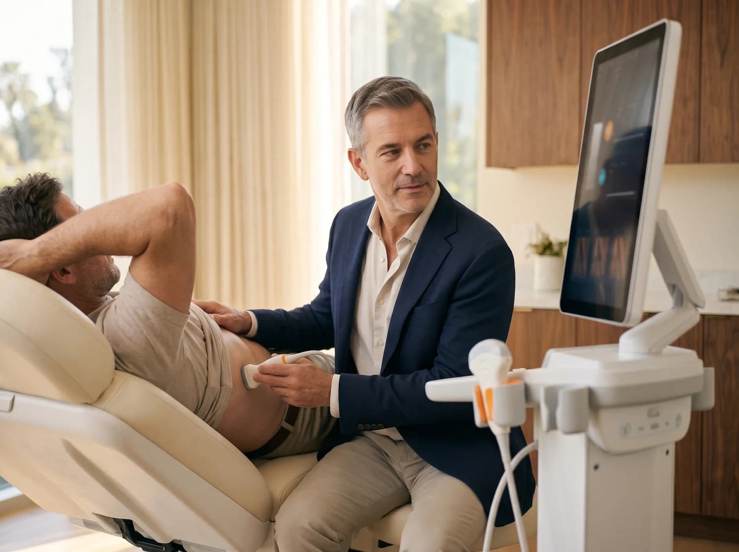 Clinician placing the FibroScan probe on a relaxed patient's side during a painless liver scan